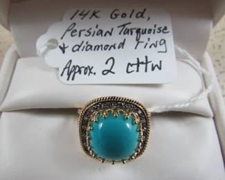 14K Gold, Persian Turquoise & Diamond Ring