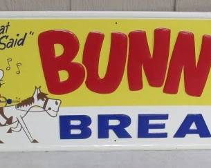 1950's - 1960's NOS Embossed Metal Bunny Bread Sign - 12" x 30"