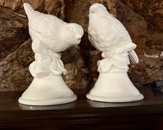 PAIR OF WHITE CERAMIC BIRDS ON BRANCH