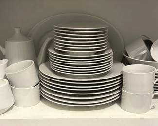 HOME ACCENTS CHINA, SERVICE FOR 8 WITH VEGETABLE BOWL, PLATTER, COFFEE POT, SUGAR AND CREAMER.