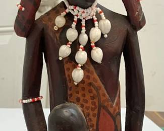 Rare 1950s Hand-Carved Mahogany Maasai Warrior Figure w/Shells & Beads AAA2944