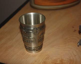Pewter cup w/train engravings