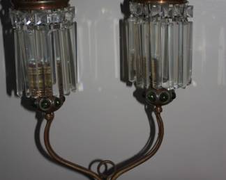 Pair vintage German w/green stones in base, twin glass fennel lamps 