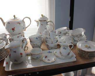 RARE 52 pc Meissen gold rim dish set  scattered flower pattern