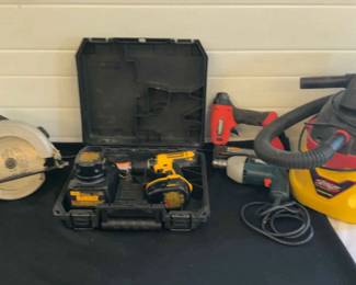 Dewalt Cordless Drill, Skil Saw, Husky Air Nailer, And Stinger, Wet Dry Vac.