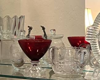 Cut Glass, Crystal, Ruby Red Champagne Glasses