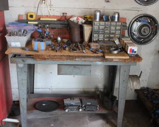 HEAVY DUTY WORK BENCH, NEEDS A NEW WOOD TOP, FRAME IS HEAVY METAL
