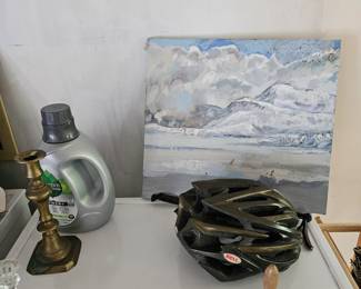 Oil Based Painting by James E Hughes, Cycle Helmet, Candlestick Holder,