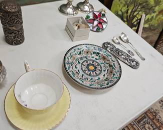 Candlestick Holders, Plate, Cup Saucer, Silver Spoons