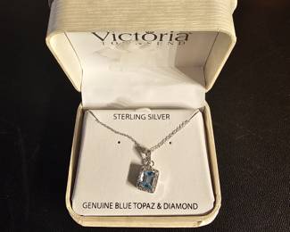 Sterling Silver Blue Topaz and Diamond Necklace with Charm
