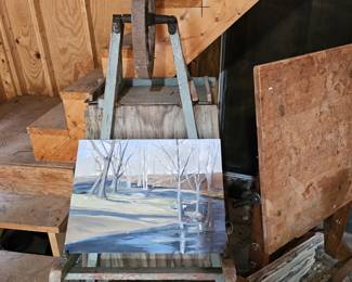 Oil Painting by James E Hughes, Antique Wheel Barrow