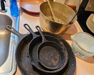 Cast Iron Skillets, Pyrex Bowl, Metal Bucket