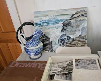 Nautical Themed Oil Painting by James E Hughes, Blue Pitcher, Sketches