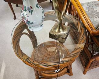Glass Topped End Table, Pitcher, Table Lamp