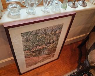 Framed Oil Based Painting by James E Hughes, Glass Pitchers, Vase, Candlestick Holders