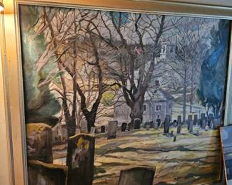 Framed Cemetery/Church Themed Oil Based Painting by James E Hughes