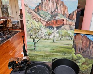Oil Painting by James E Hughes, Cast Iron Pans