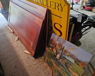 Oil Painting by James E Hughes, Wood Door Panels, Metal Sign