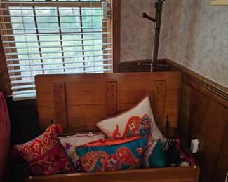 Wooden Chest, Throw Pillows. Coat Rack