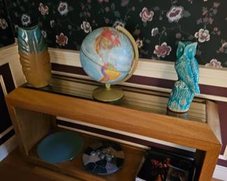 Globe, Bookshelf, Owl Statue