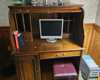 Roll Top Desk, Computer, Monitor, Desk Lamp