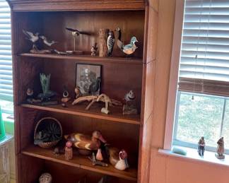 ANTIQUE MODIFIED LAWYER’S CASE-NO DOORS BIRD FIGURINE COLLECTION, COASTERS OF AMERICA WOODEN DUCKS