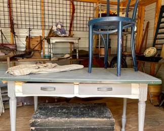 VINTAGE FARMHOUSE TABLE WITH ENAMELWARE TOP, TRUNK