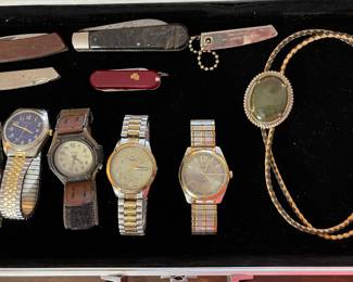 VINTAGE BOLO TIE, VINTAGE WATCHES AND KNIVES