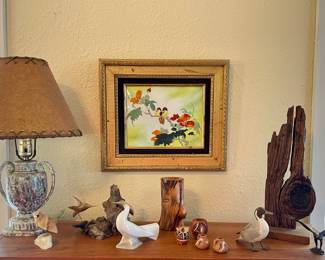 LAMP, FRAMED PAINTED METAL, SOUTHWEST DECOR, BIRD FIGURINES