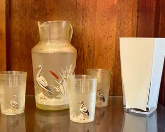VINTAGE HANDPAINTED PITCHER & GLASSES-PITCHER HAS CRACK