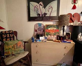 DRESSER, POKER CHIPS AND CARDS