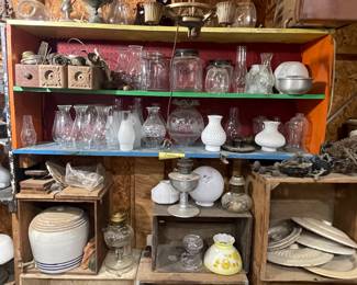 OIL LAMPS AND PARTS, VINTAGE GLOBES, CROCK LIDS, HURRICANE LAMPS, COFFEE JARS
