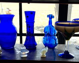 COBALT BLUE GLASSWARE, VINTAGE HANDBLOWN MARGARITA GLASSES