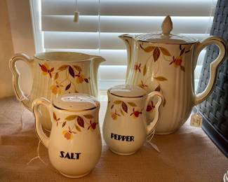 VINTAGE HALL “JEWEL TEA” /“AUTUMN LEAF” TEA PITCHER, CREAMER AND SALT/PEPPER