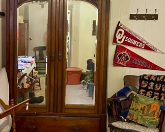 ANTIQUE ARMOIRE, ROCKING CHAIR, VINTAGE OKLAHOMA SOONERS PENNANT, VINTAGE ANAHEIM ANGELS PENNANT