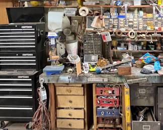TABLETOP DRILL PRESS, DRAWERS OF TOOLS AND EQUIPMENT