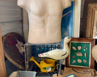 COFFEE BAGS, VINTAGE CLOTH MANNEQUIN, FRAMED ARTIFACTS