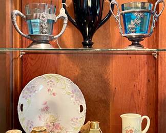 ANTIQUE SILVERPLATED OPEN SUGAR BOWLS WITH BLUE INSERTS, DEVIBILL SPIRAL LEAF PERFUME BOTTLE-OPALESSCENT 