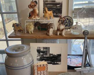 VINTAGE DOG FIGURINE COLLECTION, VINTAGE MARSHALL POTTERY WATER/TEA DISPENSER