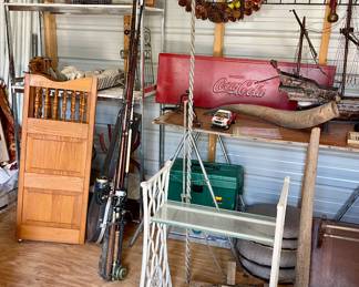 ANTIQUE SEWING MACHINE BASE, VINTAGE COCA COLA PANEL, SHELVES, FISHING POLES