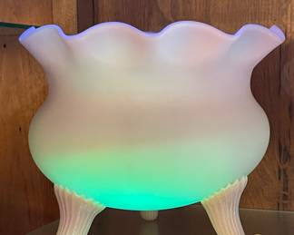 VIEW OF SATIN BURMESE URANIUM FOOTED ROSE BOWL WITH BLACK LIGHT!