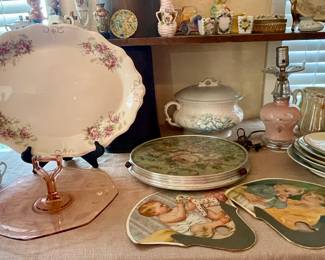 VINTAGE DISHES, CAKE SERVER, PAPER FANS