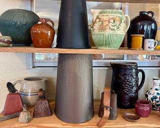 VINTAGE METAL COW BELLS, VINTAGE POTTERY-PLEASE NOTE MANY ARE AS IS POTTERY PIECES