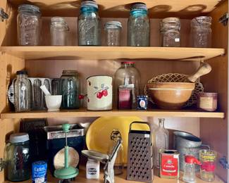 POTTERY BOWL, OLD COFFEE JAR, CORN MUFFIN PAN