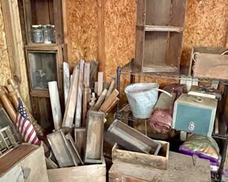 LOTS OF OLD WOOD BOXES, SHELVES