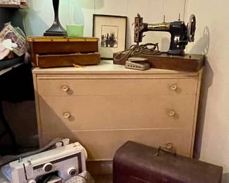 ANTIQUE DRESSER, SEWING NOTIONS, SEWING MACHINES