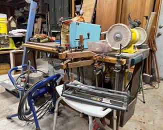 TILE CUTTERS, PAINT SPRAY GUN, BUFFING WHEEL, WOOD CLAMPS
