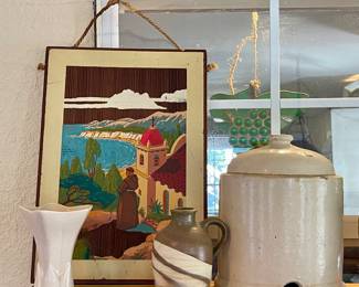 VINTAGE POTTERY CHICKEN WATERER, HAND PAINTED & HAND CARVED ST. FRANCIS REDWOOD PICTURE