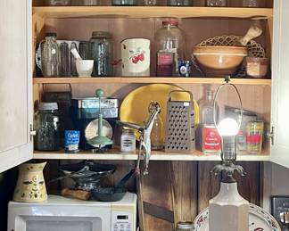 ANTIQUE CANNING JARS, PRIMITIVE KITCHENWARES, COFFEE GRINDER, SIFTERS, CABBAGE CUTTER