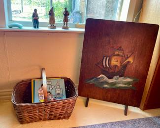 VINTAGE WOODEN PUZZLES, VINTAGE WOODEN FIRE SCREEN WITH HAND PAINTED SHIP MOTIF